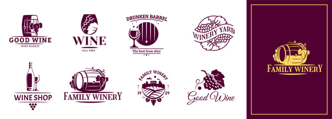 Vineyard logo. Family winery. Wine shop red icon. Silhouette circle emblem. Rural scenery with barn and wooden barrel. Alcohol glass. Grape bunch. Landscape for restaurant design. Vector symbols set