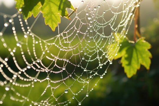 dew drops on spider web reflecting sunlight