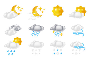 3D weather element. Meteorology symbol. Cloud with snow and rain. Sun or moon. Summer overcast. Wind or storm. Winter rainy season. Sky precipitation. Render cumulus. Vector cartoon forecast icons set