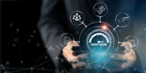 Online reporting credit score rating on banking application concept. Online checking the credit...
