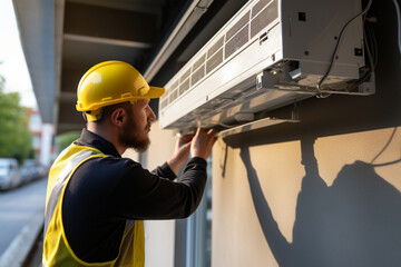 Skilled construction worker diligently installing an air conditioning unit on the wall inside an apartment. Ai generated