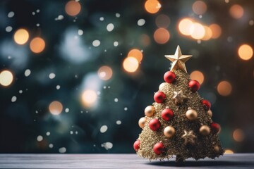 Christmas, New Year decor tree red and golden balls on lights bokeh background. Selective focus