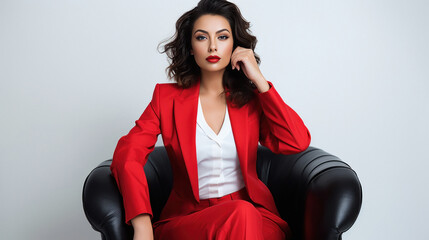 beautiful young woman model setting on armchair in red suit.