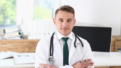 Male medicine doctor his chest in office. Medic store, physical and patient disease prevention er consultant body 911 profession pulse measure healthy lifestyle concept