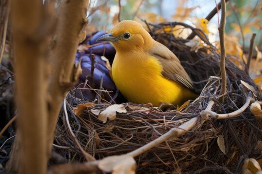 bowerbird presenting its decorated bower