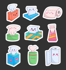 Cute cartoon napkin characters. Sticker Bookmark. Kawaii rolls of toilet paper with a smiling face. Hand drawn style. Vector drawing. Collection of design elements.