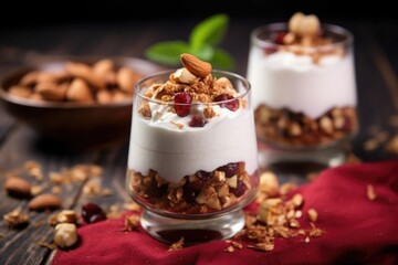 topping parfait with crushed nuts - obrazy, fototapety, plakaty