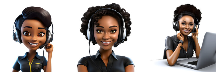 3D Graphical Black Female Character in Call Centre - obrazy, fototapety, plakaty