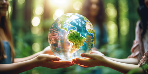 Human hands holding glass earth in green forest with sunlight. Environment, save the World, earth day, ecology, and Conservation Concept.