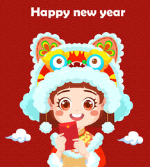 Free vector happy chinese new year card with a kid wearing a tee and ah muay.