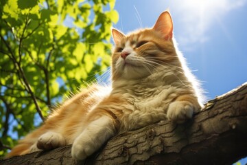 cat basking in summer sun on a tree branch