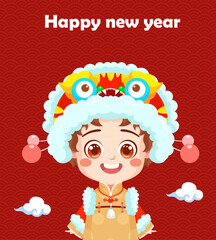 Free vector happy chinese new year card with a kid wearing a tee and ah muay.