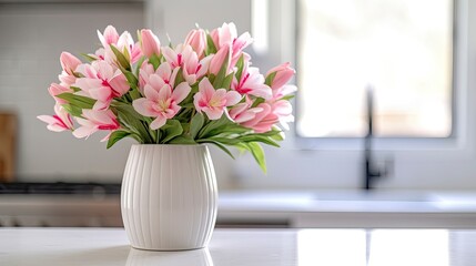 A white vase full of pink flowers is sitting on counter.