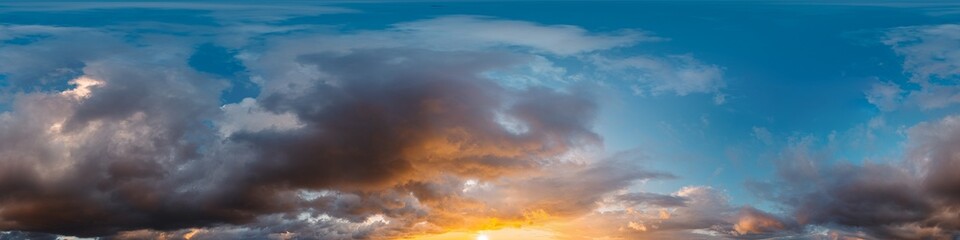 Sunset sky panorama with bright glowing pink Cumulus clouds. HDR 360 seamless spherical panorama. Full zenith or sky dome for 3D visualization, sky replacement for aerial drone panoramas. - obrazy, fototapety, plakaty