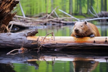 a beaver gnawing on fallen logs near a pond - obrazy, fototapety, plakaty