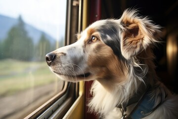 a dog looking out an open train window - obrazy, fototapety, plakaty