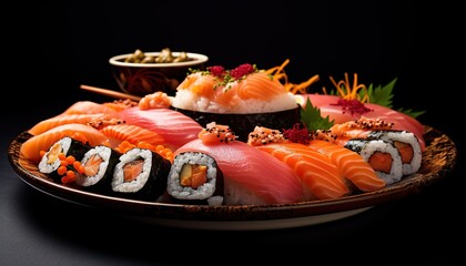 sushi rolls with salmon on a plate. Generative AI