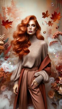 A vibrant woman with fiery red hair and a cozy brown sweater is captured in a stunning indoor painting, showcasing the fusion of art and fashion as she exudes confidence and individuality