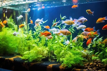 aquarium fishes waiting for feed in different layers of water