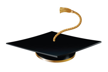 Graduation cap. Black educational student hat with golden tassel. Element for degree ceremony and educational programs design. College, high school or university cap isolated on white background