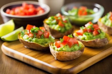 filling up potato skins with a spoonful of guacamole - obrazy, fototapety, plakaty