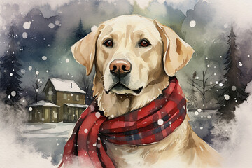 Christmas theme watercolour illustration of a golden Labrador wearing a tartan scarf, sitting outdoors in the snow, in front of a house, great for social media and greeting cards
