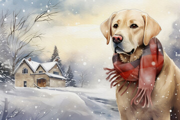 Christmas theme watercolour illustration of a golden Labrador wearing a tartan scarf, sitting outdoors in the snow, in front of a house, great for social media and greeting cards