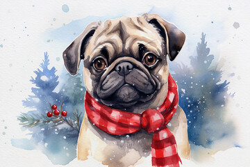 Christmas theme watercolour illustration of a cute pug wearing a tartan scarf, in the snow, great for social media and greeting cards