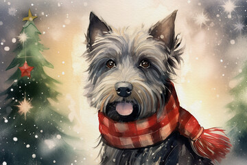 Christmas theme watercolour illustration of a grey shaggy terrier wearing a tartan scarf in the snow, great for social media and greeting cards - obrazy, fototapety, plakaty