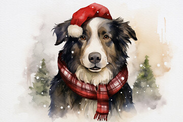 Christmas theme watercolour illustration of a border collie sheepdog wearing a tartan scarf and Christmas bobble hat, in the snow, great for social media and greeting cards