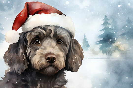 Christmas theme watercolour illustration of a grey brown shaggy cockerpoo, wearing red and white Christmas bobble hat, sitting in the snow, great for social media and greeting cards