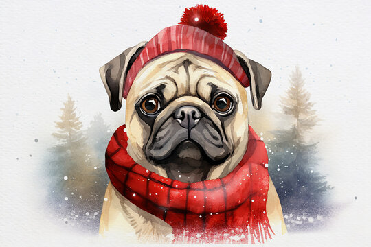 Christmas theme watercolour illustration of a pug wearing a tartan scarf and Christmas bobble hat, in the snow, great for social media and greeting cards