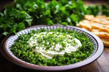 sprinkling chopped parsley over a plate of taramasalata