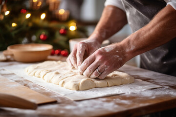 Hands kneading fresh dough on a festive table with Christmas lights and decorations in the background
