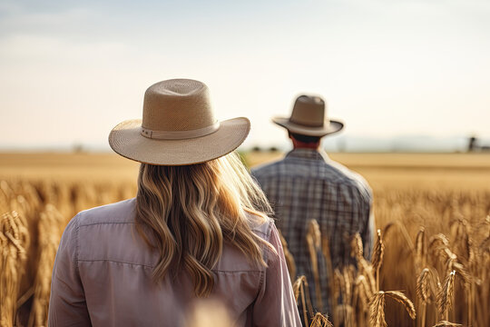 Man and woman farmers in the wheat field looking at their farm