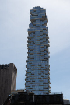 New York, NY, USA - June 8, 2022: The 56 Leonard Street skyscraper in Tribeca, designed by Herzog & de Meuron.