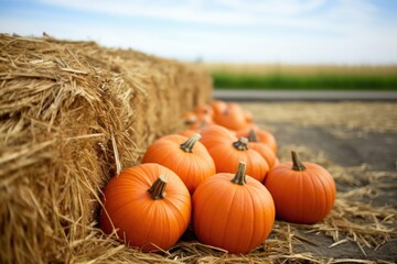 orange pumpkins on a haystack in a farm