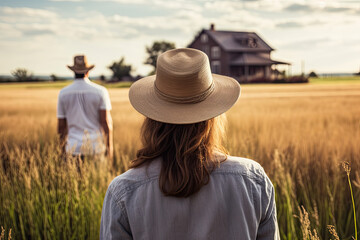 Man and woman farmers in the wheat field looking at their farm