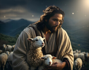 Jesus Christ embracing the sheep. Religious biblical concept - obrazy, fototapety, plakaty