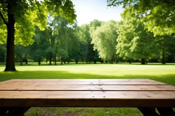 an empty picnic table in a park