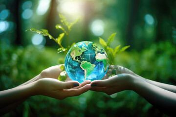 Human hands holding glass earth in green forest with sunlight. Environment, save the World, earth day, ecology, and Conservation Concept. - Powered by Adobe