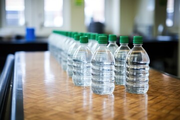 several water bottles aligned on a cafeteria counter