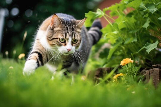 cat hunting and pouncing on bugs in a summer yard