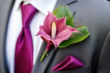 close-up of wedding boutonniere with exotic flowers - obrazy, fototapety, plakaty