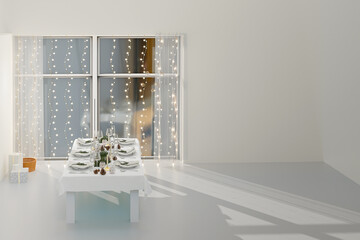Beautiful table setting for Christmas dinner in room with copy space. 3D render