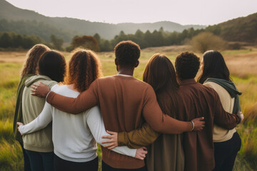 Group of mix race people hugging each other in the meadow supporting each other symbolizing unity, back view