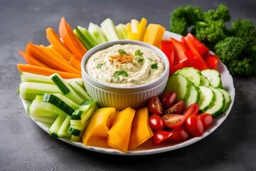 Crop shot of plate with colorful healthy sliced vegetables.