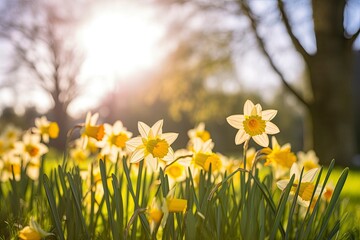 Obraz premium Daffodils in spring backlit by sun.