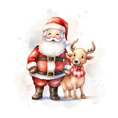 Cute Santa Claus standing with reindeer.