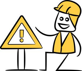 Doodle Engineer and Caution Signpost Illustration
